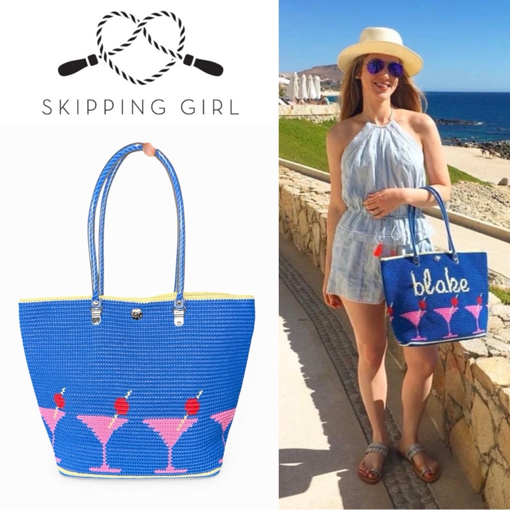 SKIPPING GIRL WOVEN MARTINI TOTE BAG BLUE PINK COCKTAIL BEACH POOL RESORT CHIC